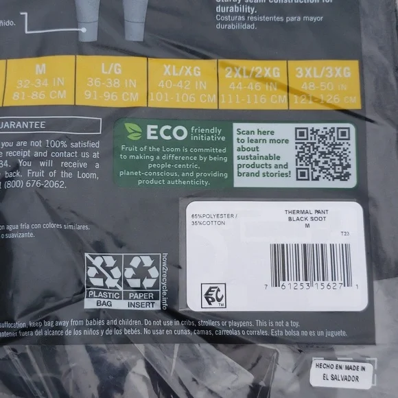 2nd ItemFRUIT OF THE LOOM NWT Men's BLACK Thermal Long John Bottoms Med OR Large - Picture 6 of 6